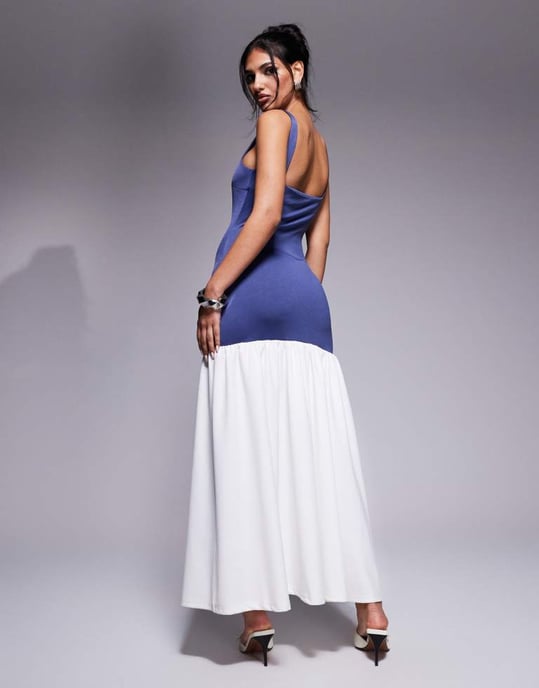 Kaiia exclusive square neck contrast drop waist maxi dress in dark blue and cream - Image 3