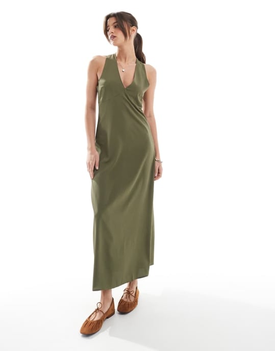 ONLY maxi dress with cross back detail in khaki - Image 1