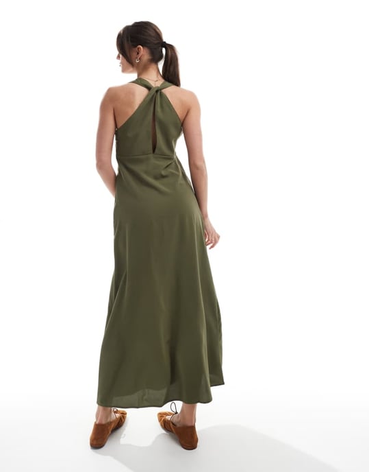 ONLY maxi dress with cross back detail in khaki - Image 3