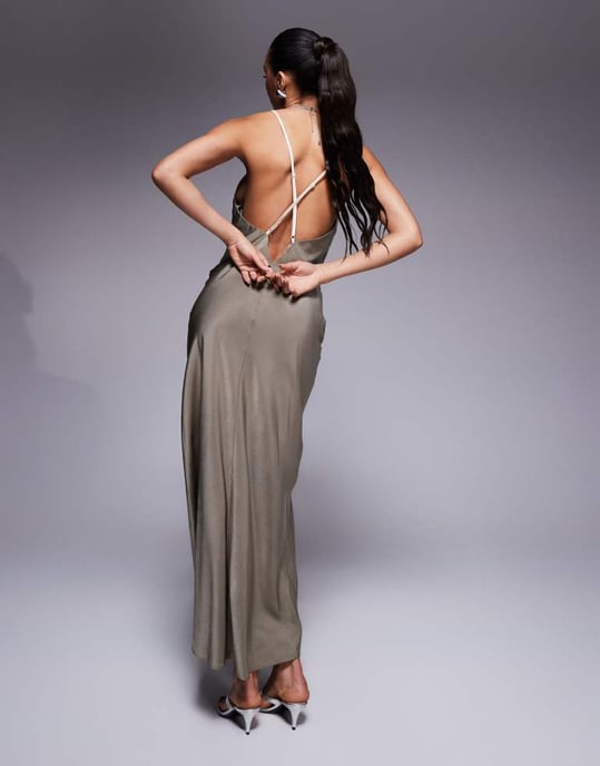 ASOS DESIGN satin cami maxi dress with colourblock bodice in khaki and cream - Image 2