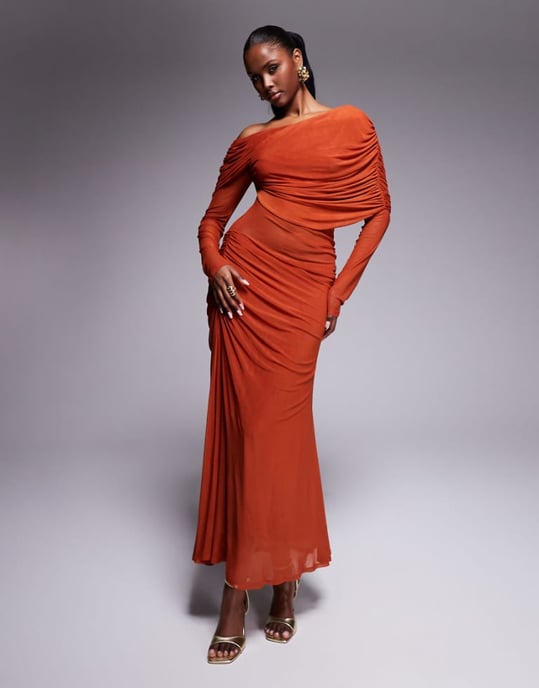 ASOS DESIGN long sleeve slouchy bardot mesh mix maxi dress in rust - Image 1