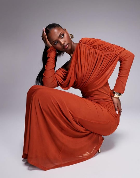 ASOS DESIGN long sleeve slouchy bardot mesh mix maxi dress in rust - Image 2