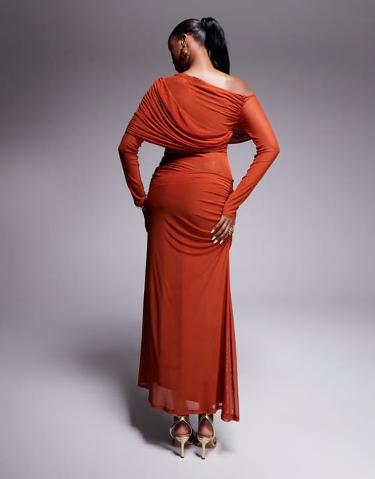 ASOS DESIGN long sleeve slouchy bardot mesh mix maxi dress in rust - Image 4