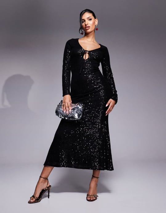 In The Style x Perrie Sian sequin tie front cut out maxi dress in black - Image 1