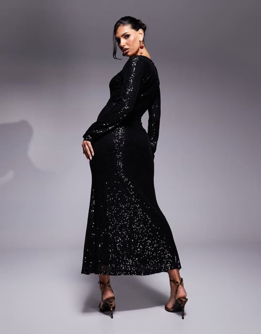 In The Style x Perrie Sian sequin tie front cut out maxi dress in black - Image 3