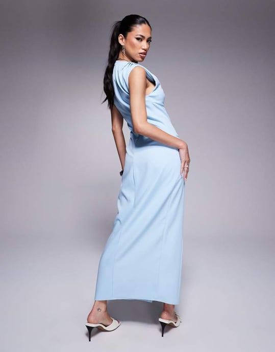 Kaiia exclusive tailored pocket detail cap sleeve split front maxi dress in blue - Image 3
