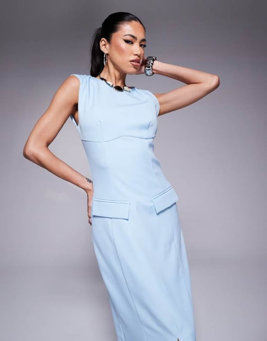 Kaiia exclusive tailored pocket detail cap sleeve split front maxi dress in blue - Image 4