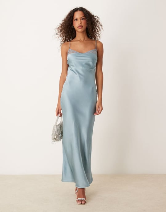 ASOS DESIGN lace insert satin maxi dress with tie back in dusky blue - Image 2