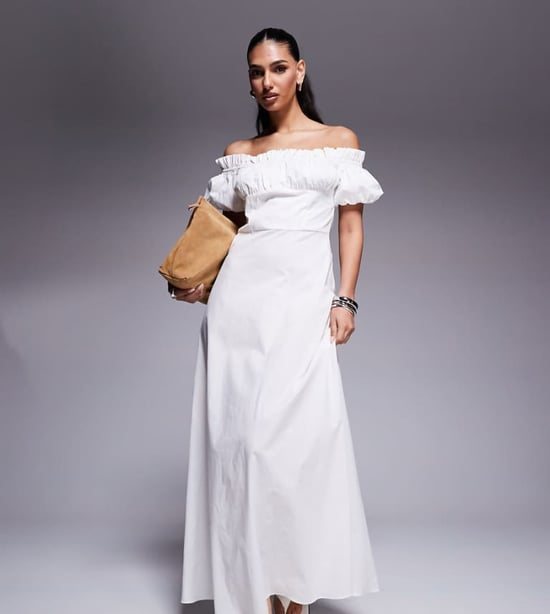 Kaiia exclusive cotton rich bardot poplin puff sleeve maxi dress in white - Image 1