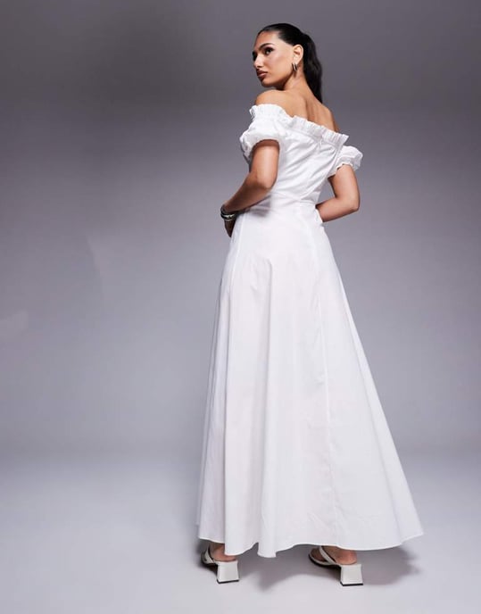 Kaiia exclusive cotton rich bardot poplin puff sleeve maxi dress in white - Image 3