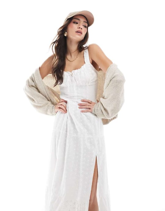 Hollister embroidered eyelet detail shirred bust maxi dress with thigh split in white - Image 1