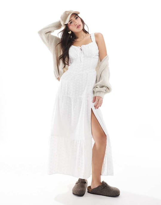 Hollister embroidered eyelet detail shirred bust maxi dress with thigh split in white - Image 3