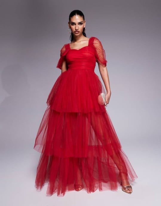 Lace & Beads off shoulder high low tulle maxi dress in red - Image 1
