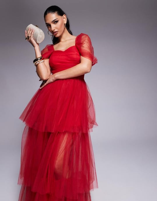 Lace & Beads off shoulder high low tulle maxi dress in red - Image 2