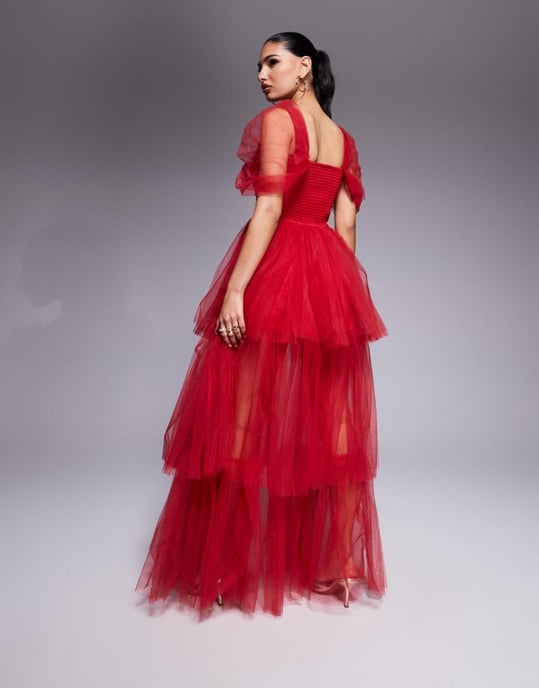 Lace & Beads off shoulder high low tulle maxi dress in red - Image 3