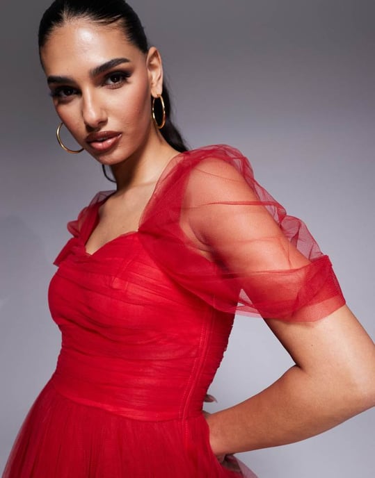 Lace & Beads off shoulder high low tulle maxi dress in red - Image 4