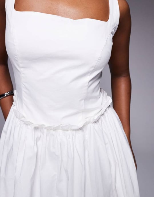 Kaiia exclusive cotton rich poplin square neck ruffle waist maxi dress in white - Image 3