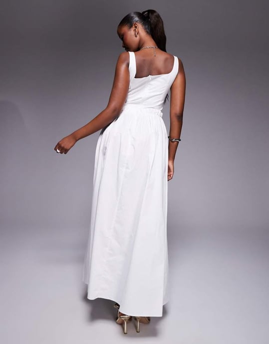 Kaiia exclusive cotton rich poplin square neck ruffle waist maxi dress in white - Image 4