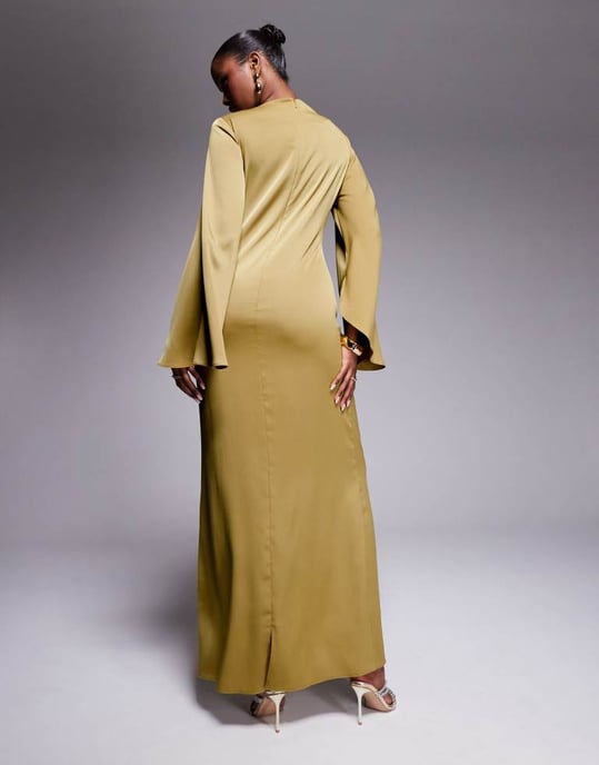 ASOS DESIGN exaggerated sleeve bias maxi dress with ruched waist in gold - Image 3