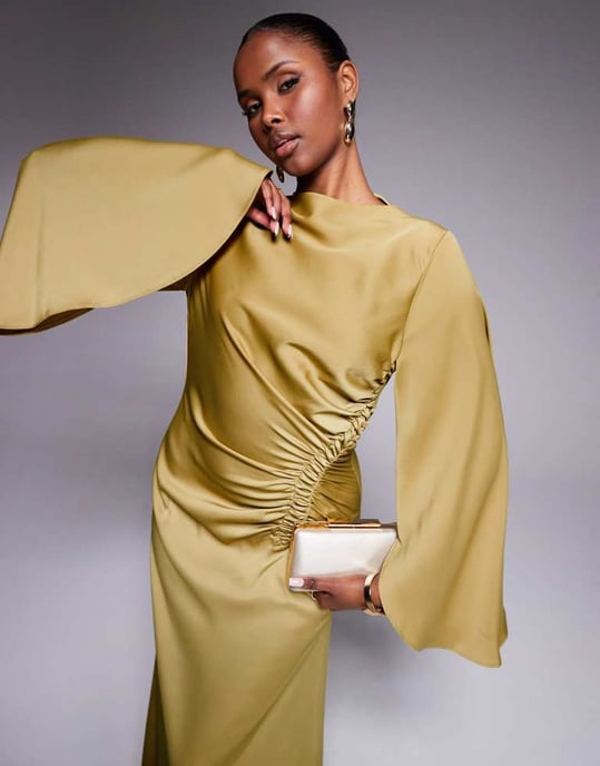 ASOS DESIGN exaggerated sleeve bias maxi dress with ruched waist in gold - Image 4