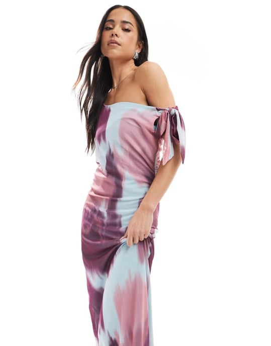 Vero Moda mesh asymmetric off shoulder maxi dress in blurred purple print - Image 3