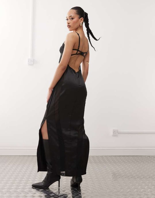 Labelrail x Jennifer McKing satin mesh cut-out maxi dress in black - Image 4