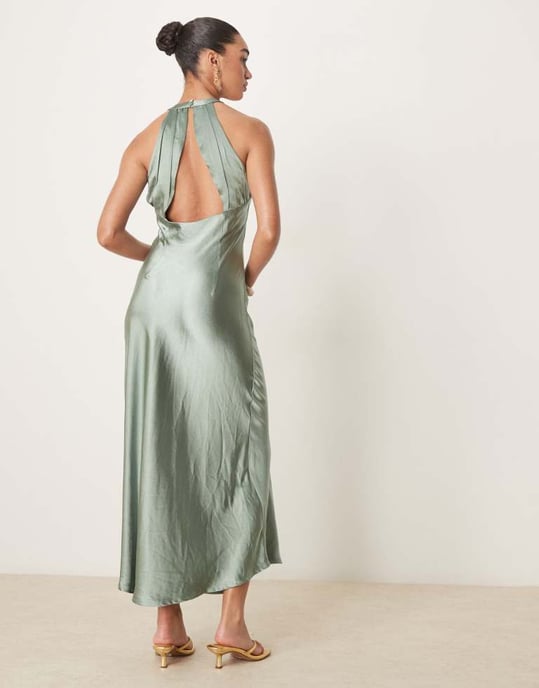 YAS high neck satin maxi dress in soft green - Image 3
