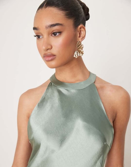 YAS high neck satin maxi dress in soft green - Image 4