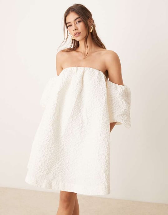 YAS off shoulder puff sleeve structured jaquard mini dress in gardenia white - Image 2
