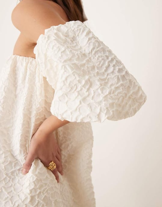YAS off shoulder puff sleeve structured jaquard mini dress in gardenia white - Image 3