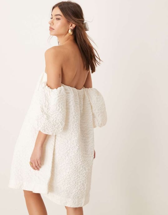 YAS off shoulder puff sleeve structured jaquard mini dress in gardenia white - Image 4