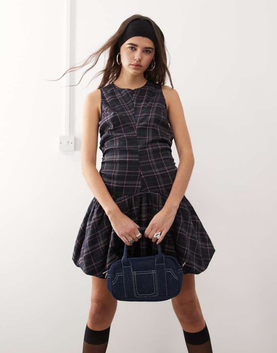 COLLUSION drop waist zip detail mini dress in multi check - Image 2