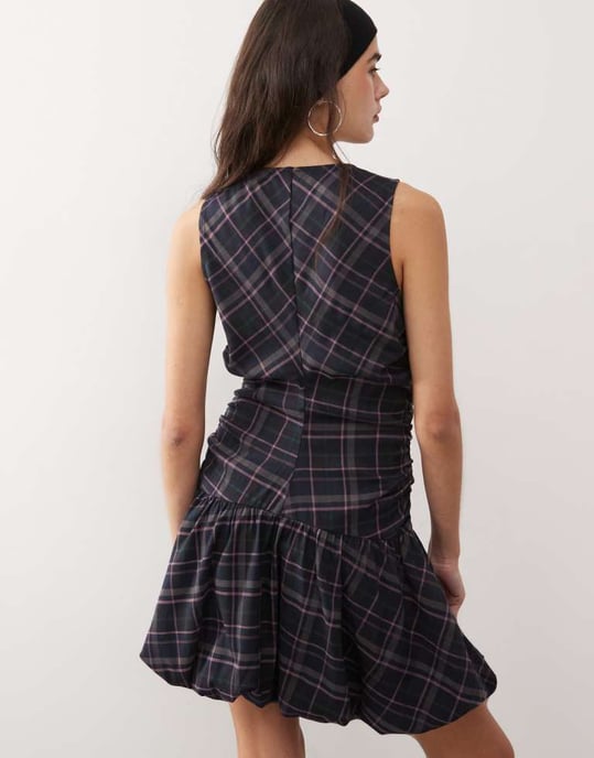 COLLUSION drop waist zip detail mini dress in multi check - Image 4