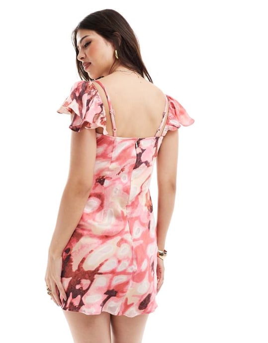 ASOS DESIGN devore cupped cami mini dress with frill sleeve in pink abstract print - Image 4