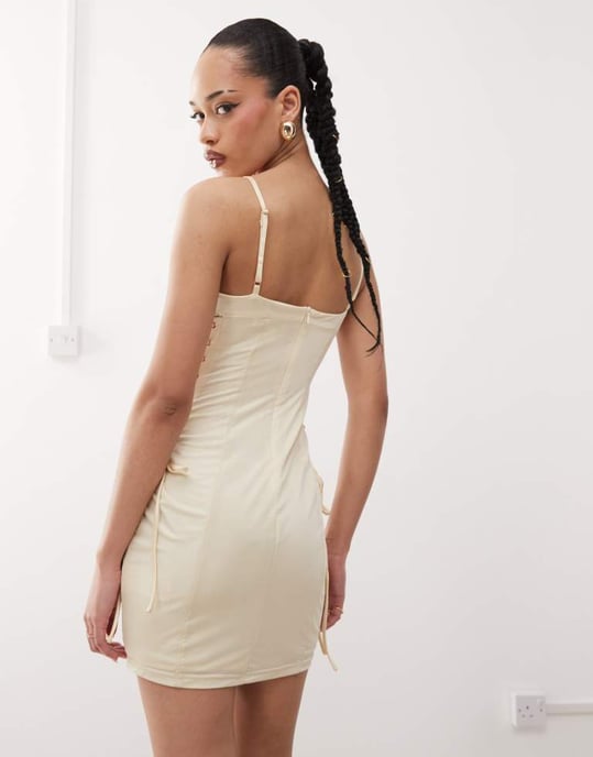 Labelrail x Jennifer McKing jersey and mesh corset mini dress in neutral - Image 3