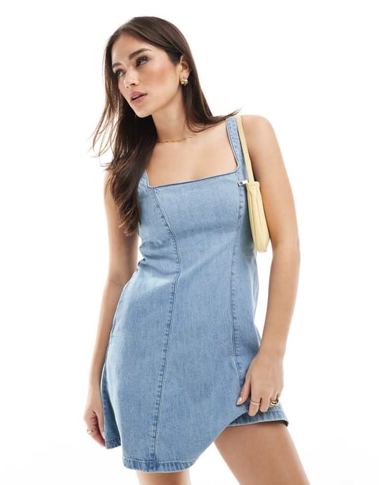 Hollister square neck tie back structured mini dress in denim - Image 1