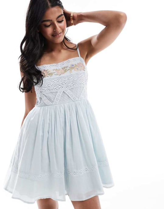 ASOS DESIGN embroidered cami with lace trims mini dress in pale blue - Image 1