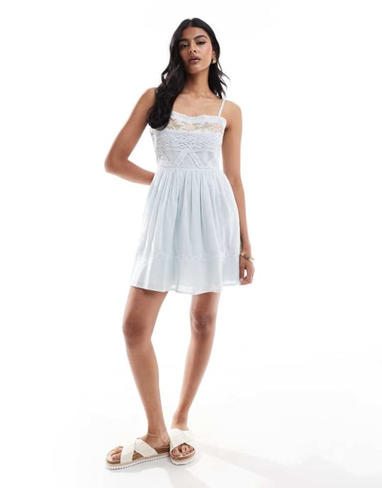 ASOS DESIGN embroidered cami with lace trims mini dress in pale blue - Image 4