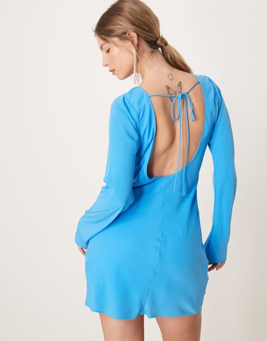 Abercrombie & Fitch long sleeve slash neck asymmetric hem mini dress in blue - Image 3