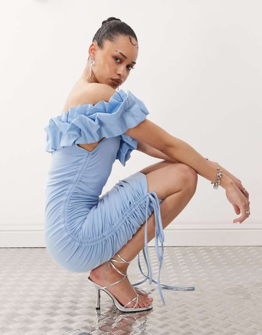 Amy Lynn 3D bardot ruched mini dress in blue - Image 1