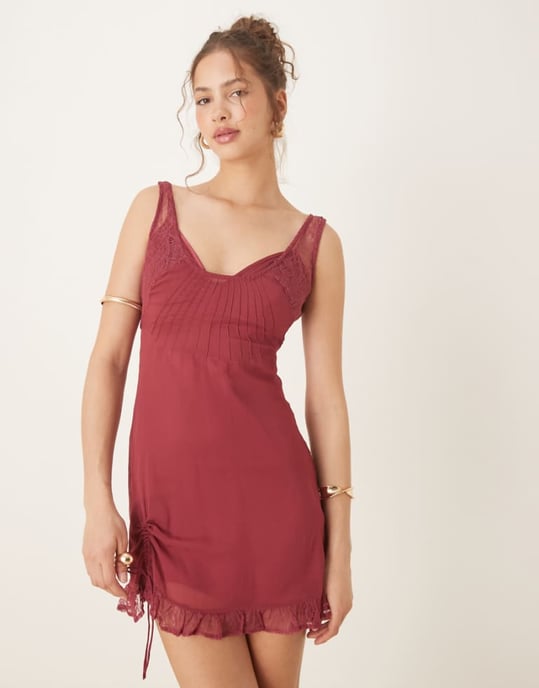 ASOS DESIGN lace and chiffon mini dress with ruched hem detail in raspberry - Image 1