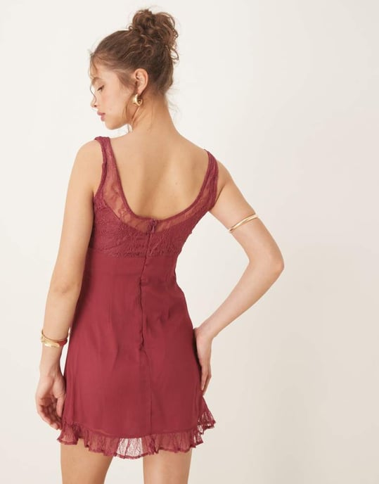 ASOS DESIGN lace and chiffon mini dress with ruched hem detail in raspberry - Image 4