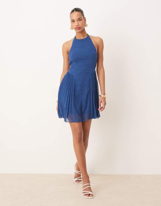 ASOS DESIGN fluffy dobby racer neck pleat panel mini dress in dark blue - Image 4