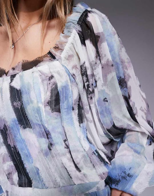ASOS DESIGN raw edge panelled mini dress with blouson sleeves in abstract print - Image 4