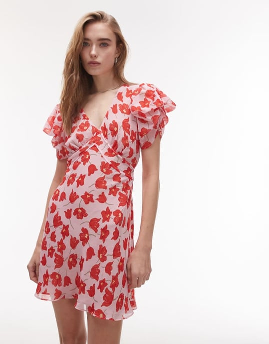 Topshop pinned sleeve mini tea dress in pink red floral - Image 1