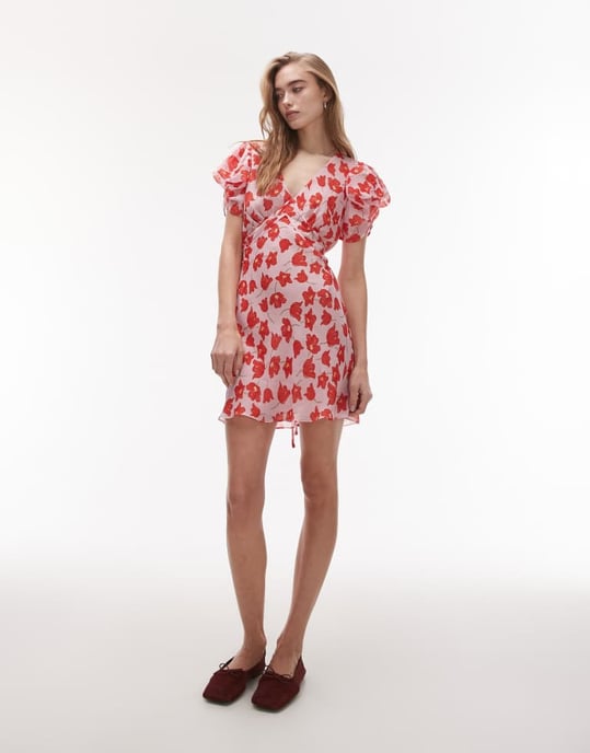 Topshop pinned sleeve mini tea dress in pink red floral - Image 3
