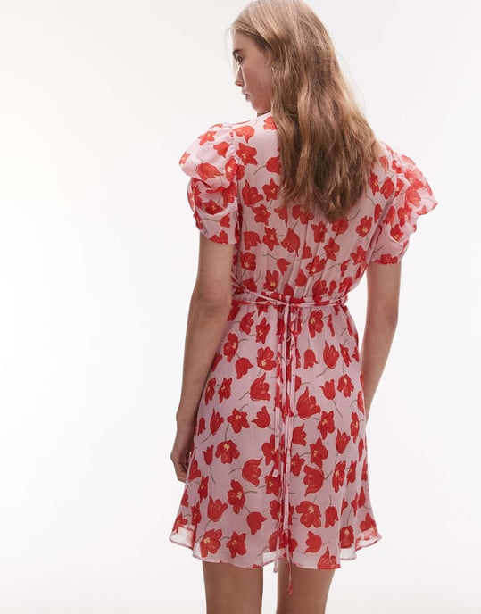 Topshop pinned sleeve mini tea dress in pink red floral - Image 4