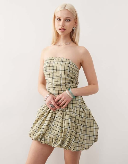 Amy Lynn bandeau puffball mini dress in light green check - Image 1