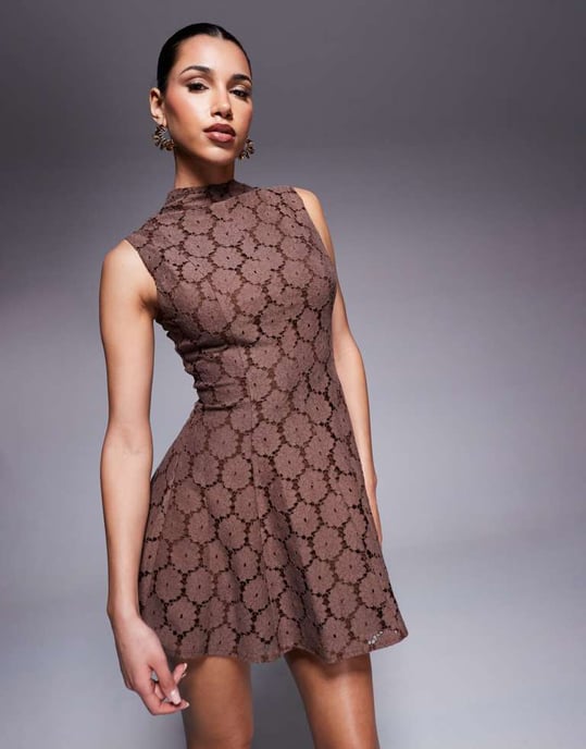 ASOS DESIGN high neck pleated lace mini dress in chocolate - Image 3