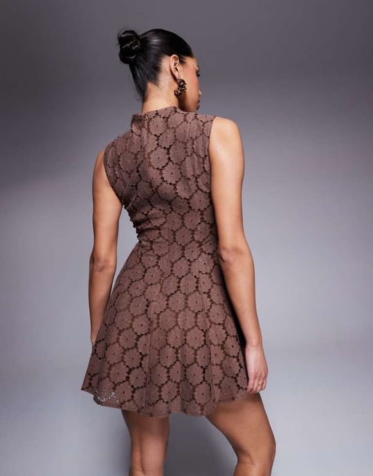 ASOS DESIGN high neck pleated lace mini dress in chocolate - Image 4